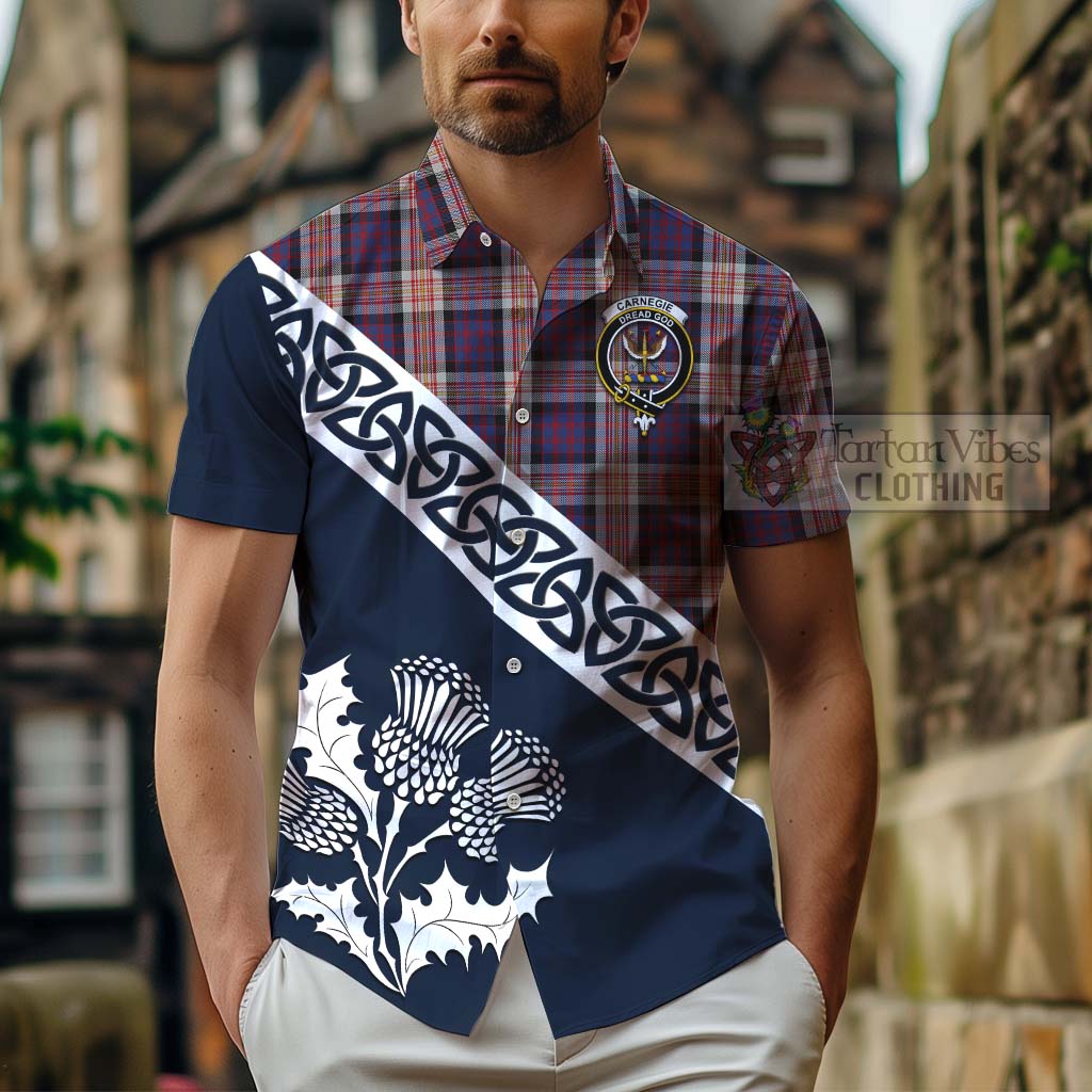 Tartan Vibes Clothing Carnegie Tartan Short Sleeve Button Shirt Featuring Thistle and Scotland Map