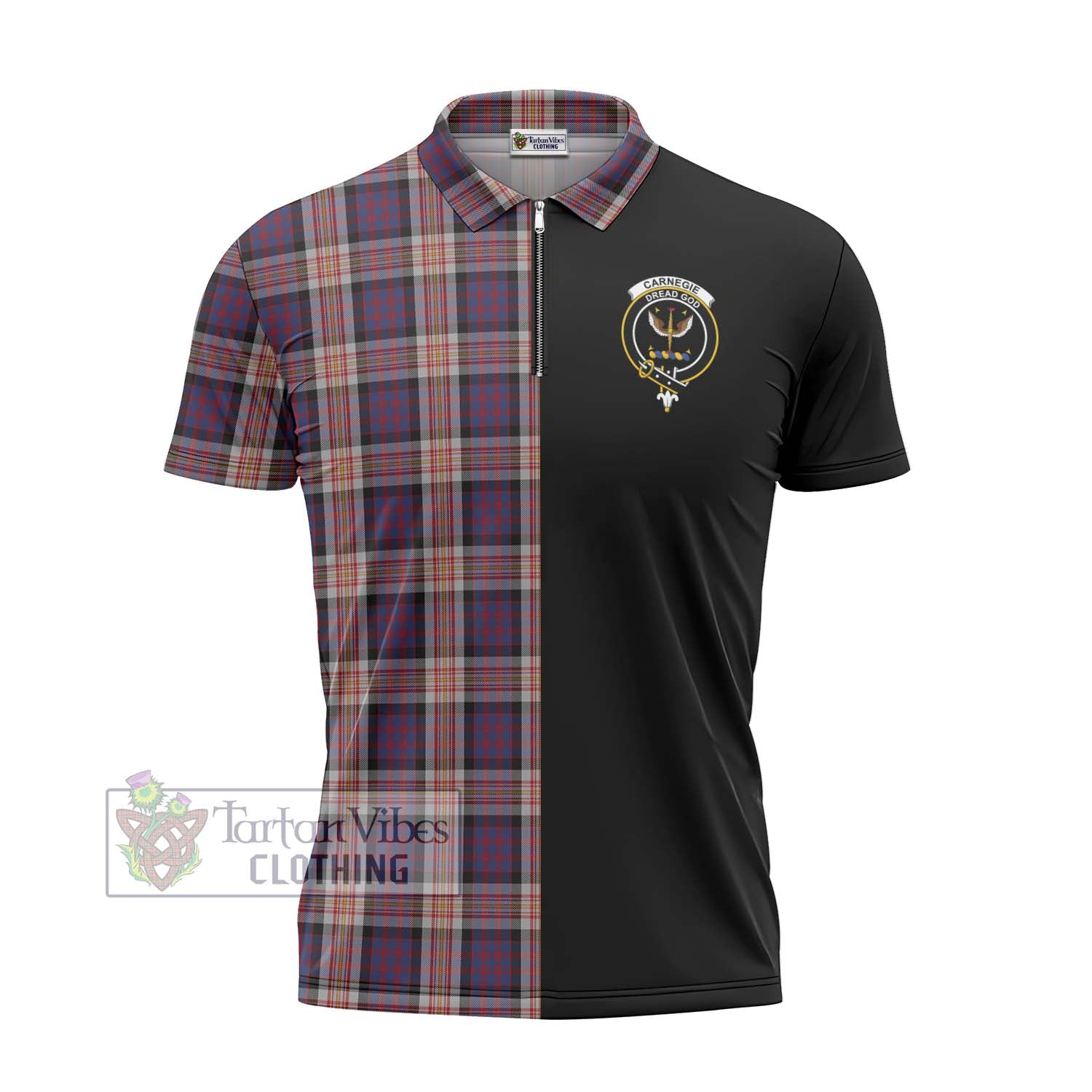 Tartan Vibes Clothing Carnegie Tartan Zipper Polo Shirt with Family Crest and Half Of Me Style