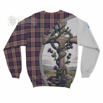 Carnegie Tartan Sweatshirt with Family Crest and St. Andrew's Cross Accented by Thistle Vines