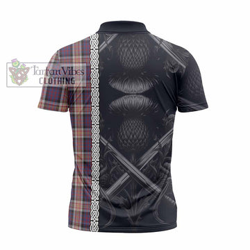 Carnegie Tartan Zipper Polo Shirt with Family Crest Cross Sword Thistle Celtic Vibes