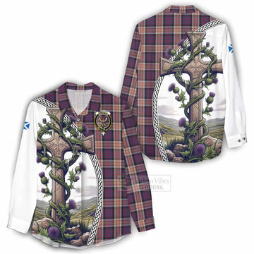 Carnegie Tartan Women's Casual Shirt with Family Crest and St. Andrew's Cross Accented by Thistle Vines