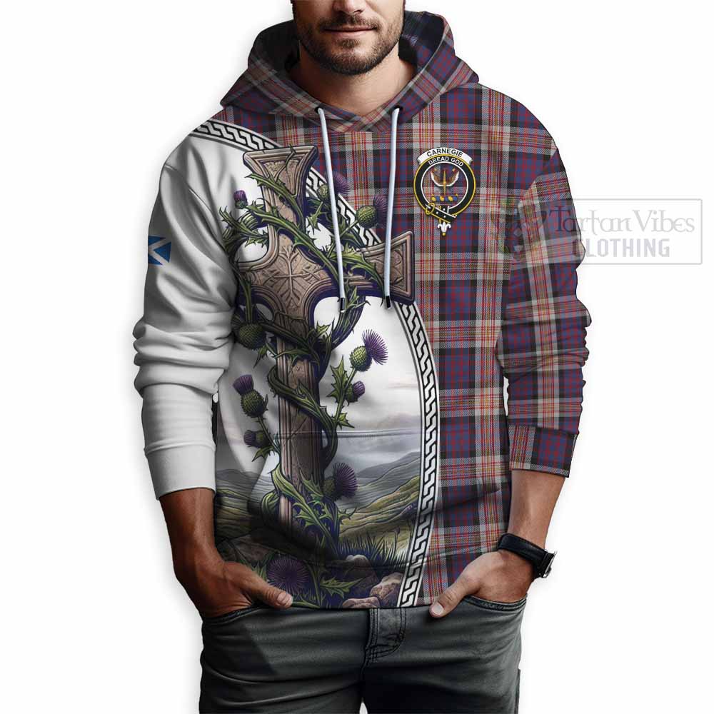 Tartan Vibes Clothing Carnegie Tartan Hoodie with Family Crest and St. Andrew's Cross Accented by Thistle Vines