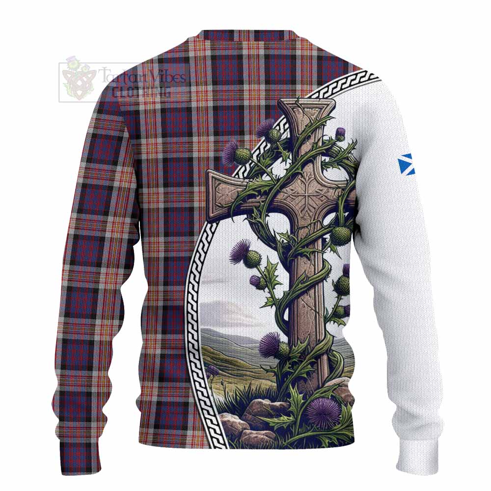 Tartan Vibes Clothing Carnegie Tartan Knitted Sweater with Family Crest and St. Andrew's Cross Accented by Thistle Vines