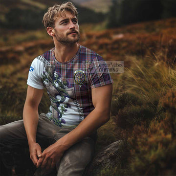 Carnegie Tartan T-Shirt with Family Crest and St. Andrew's Cross Accented by Thistle Vines