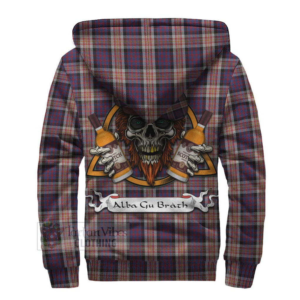 Tartan Vibes Clothing Carnegie Tartan Sherpa Hoodie with Family Crest and Bearded Skull Holding Bottles of Whiskey