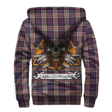 Carnegie Tartan Sherpa Hoodie with Family Crest and Bearded Skull Holding Bottles of Whiskey