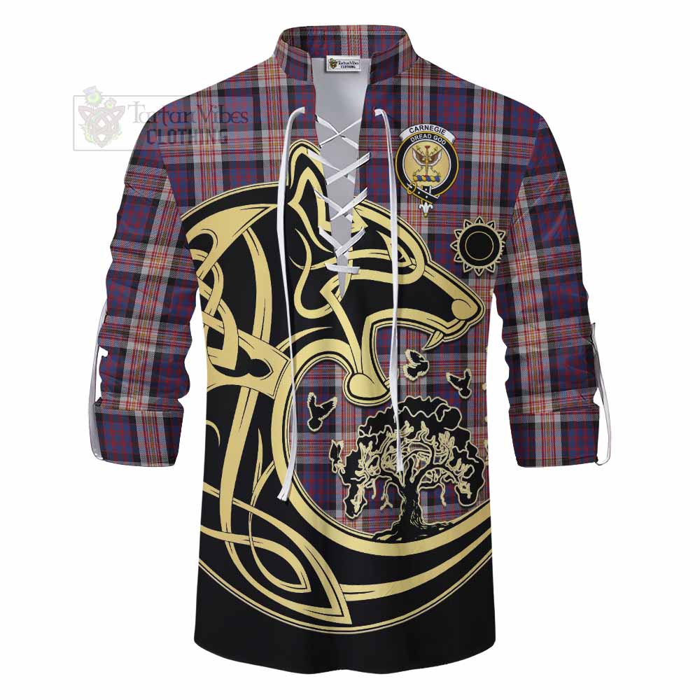 Tartan Vibes Clothing Carnegie Tartan Ghillie Kilt Shirt with Family Crest Celtic Wolf Style