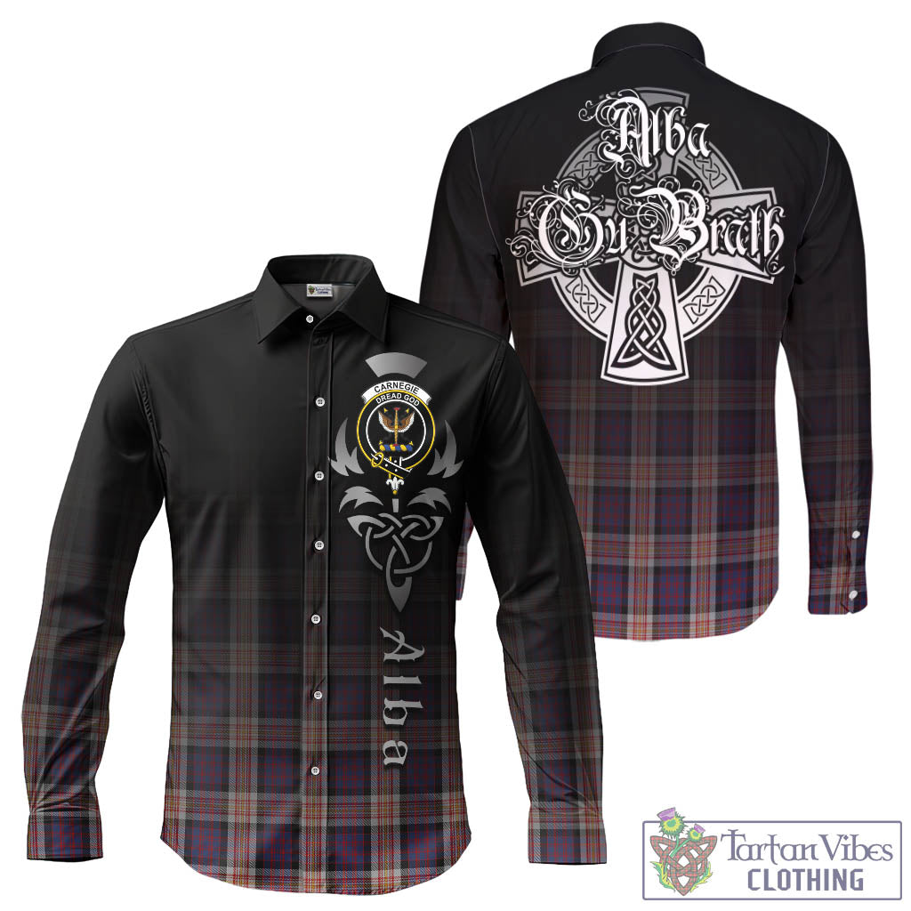 Tartan Vibes Clothing Carnegie Tartan Long Sleeve Button Up Featuring Alba Gu Brath Family Crest Celtic Inspired