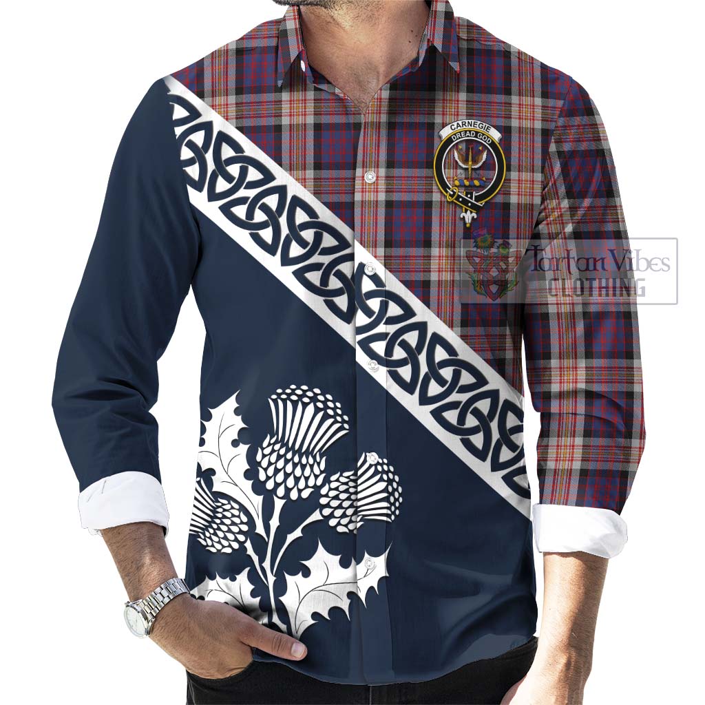 Tartan Vibes Clothing Carnegie Tartan Long Sleeve Button Shirt Featuring Thistle and Scotland Map