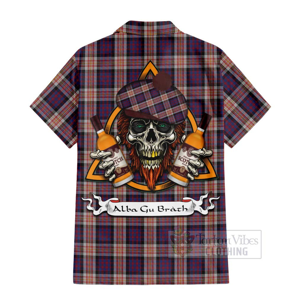 Tartan Vibes Clothing Carnegie Tartan Short Sleeve Button Shirt with Family Crest and Bearded Skull Holding Bottles of Whiskey