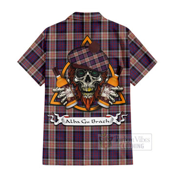 Carnegie Tartan Short Sleeve Button Shirt with Family Crest and Bearded Skull Holding Bottles of Whiskey