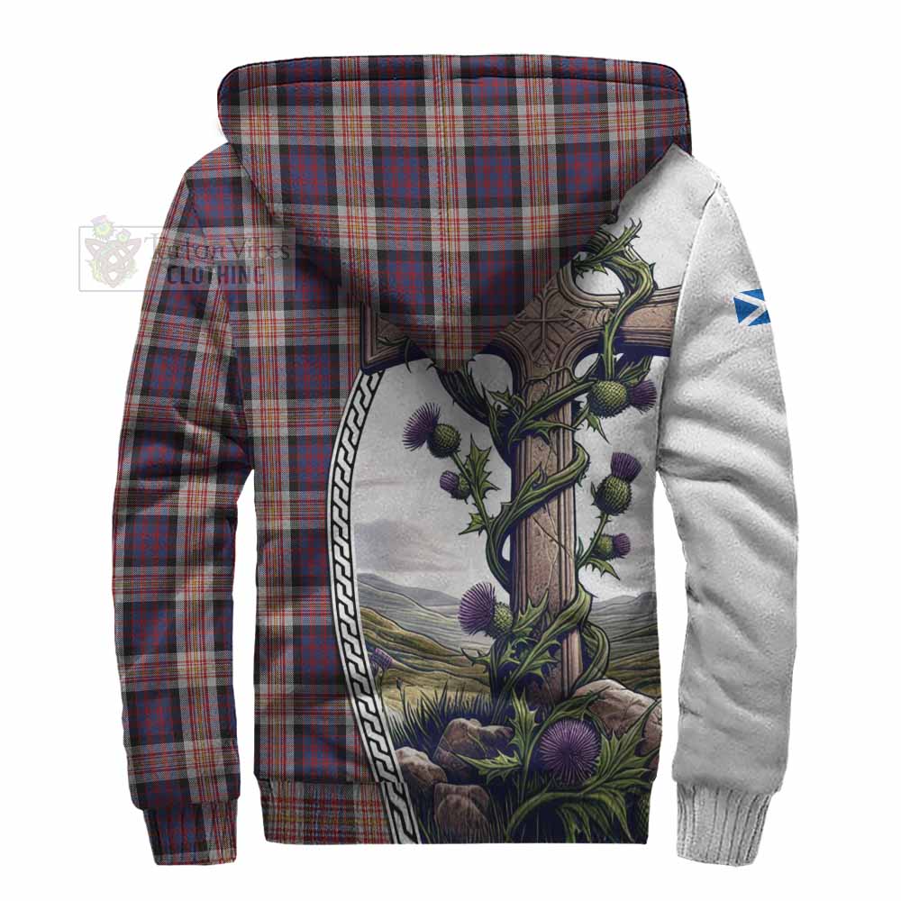 Tartan Vibes Clothing Carnegie Tartan Sherpa Hoodie with Family Crest and St. Andrew's Cross Accented by Thistle Vines