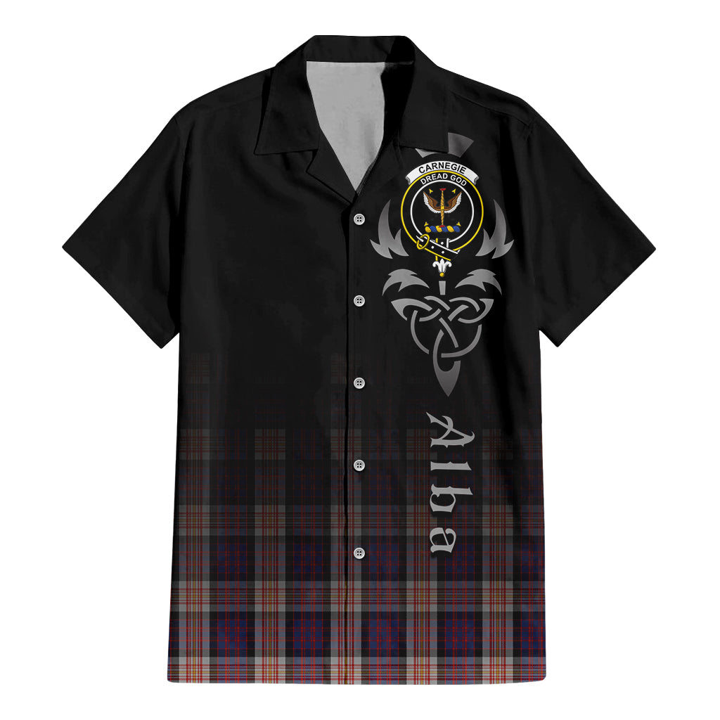 Tartan Vibes Clothing Carnegie Tartan Short Sleeve Button Up Featuring Alba Gu Brath Family Crest Celtic Inspired