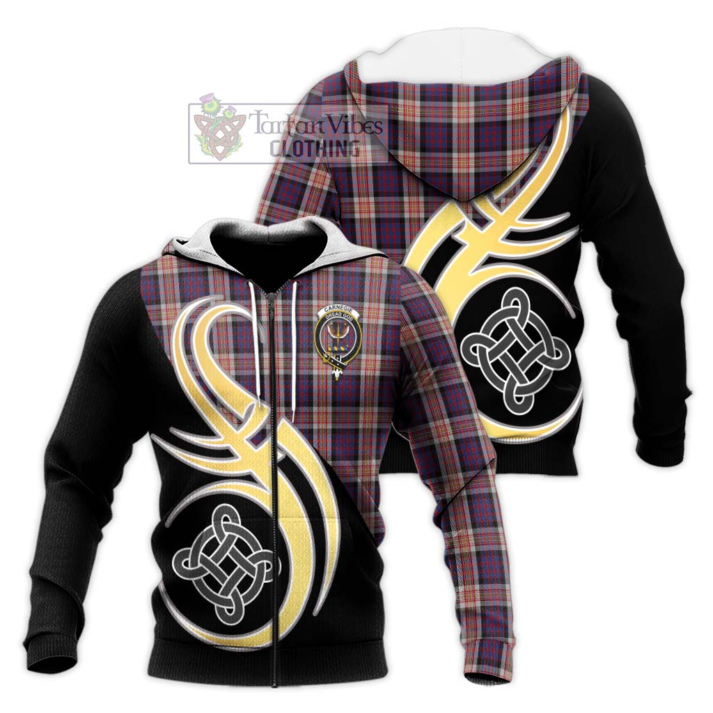 Tartan Vibes Clothing Carnegie Tartan Knitted Hoodie with Family Crest and Celtic Symbol Style