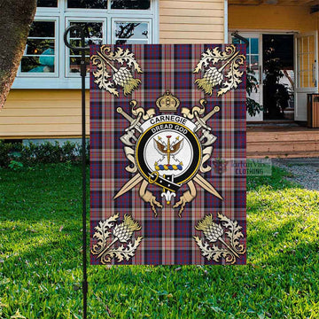 Carnegie Tartan Flag with Family Crest and Golden Thistle Crossed Sword Design