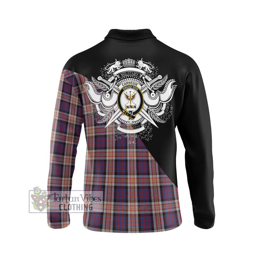 Carnegie Tartan Long Sleeve Polo Shirt with Family Crest and Military Logo Style - Tartanvibesclothing Shop