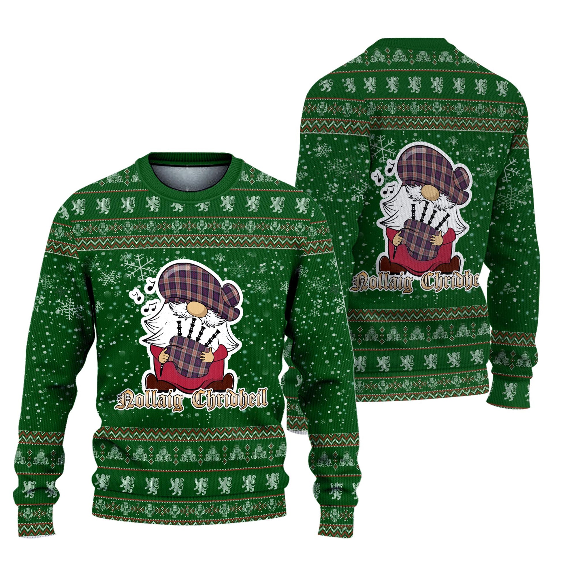 Carnegie Clan Christmas Family Knitted Sweater with Funny Gnome Playing Bagpipes Unisex Green - Tartanvibesclothing