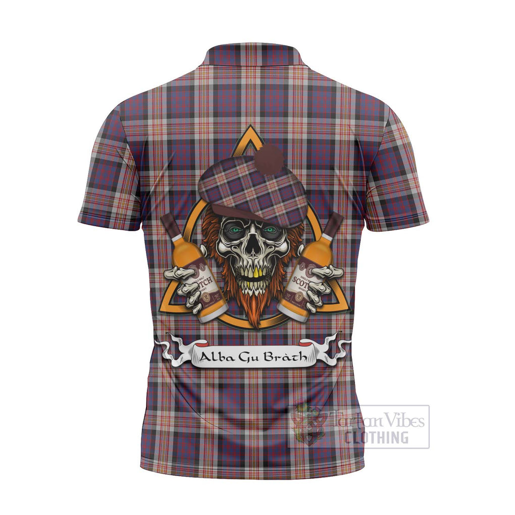 Tartan Vibes Clothing Carnegie Tartan Zipper Polo Shirt with Family Crest and Bearded Skull Holding Bottles of Whiskey