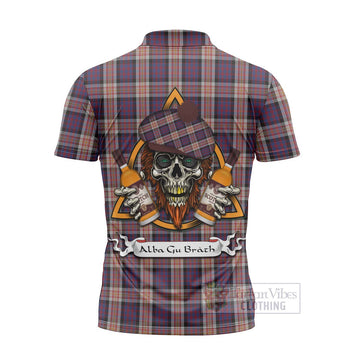 Carnegie Tartan Zipper Polo Shirt with Family Crest and Bearded Skull Holding Bottles of Whiskey