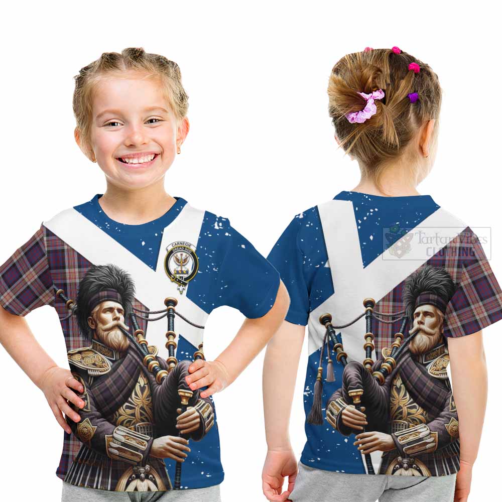 Tartan Vibes Clothing Carnegie Tartan Kid T-Shirt with Family Crest Scottish Bagpiper Vibes