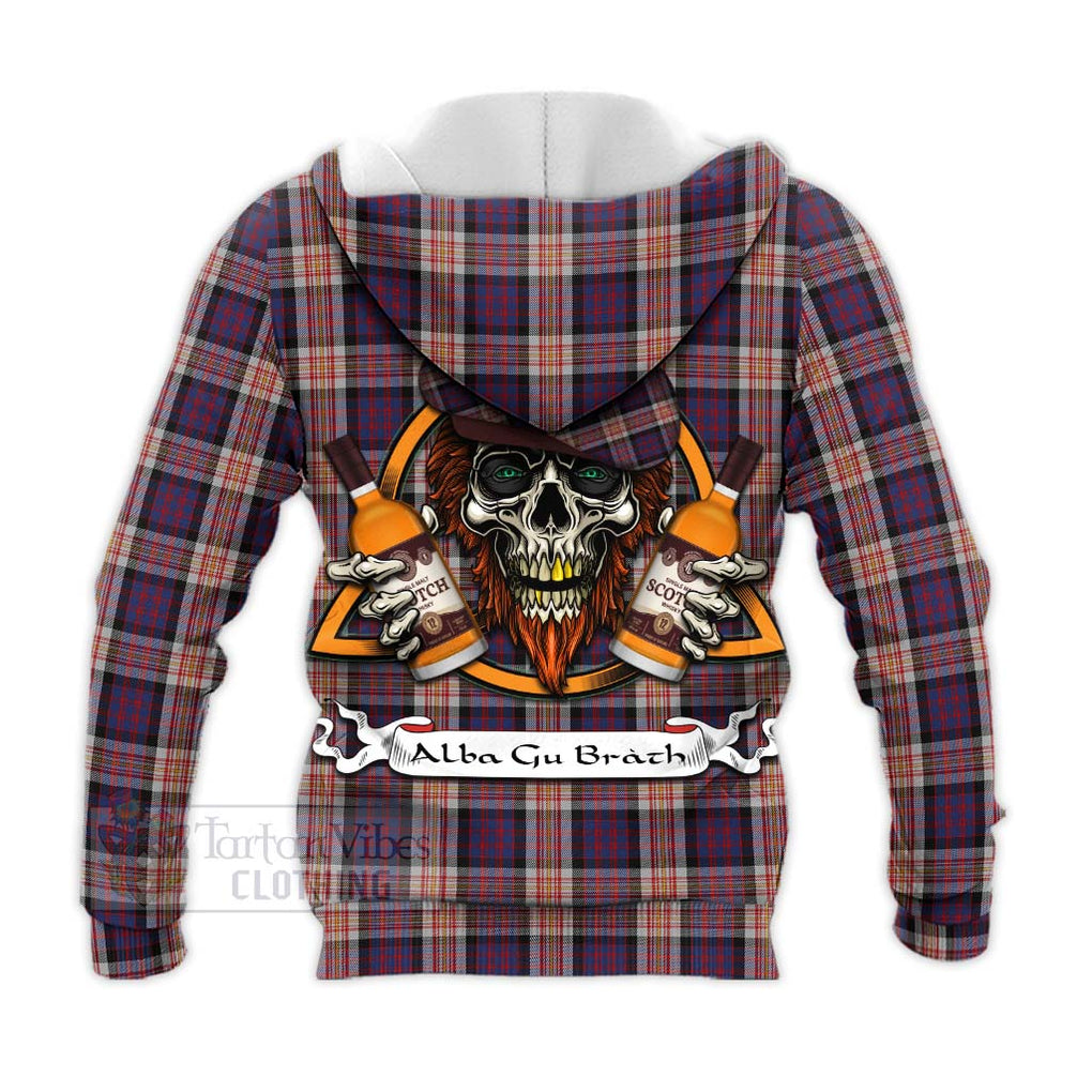 Tartan Vibes Clothing Carnegie Tartan Knitted Hoodie with Family Crest and Bearded Skull Holding Bottles of Whiskey