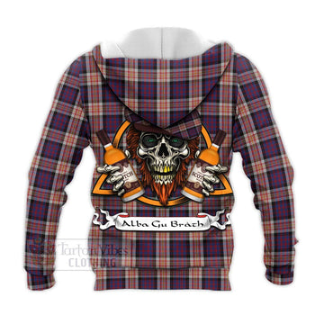 Carnegie Tartan Knitted Hoodie with Family Crest and Bearded Skull Holding Bottles of Whiskey