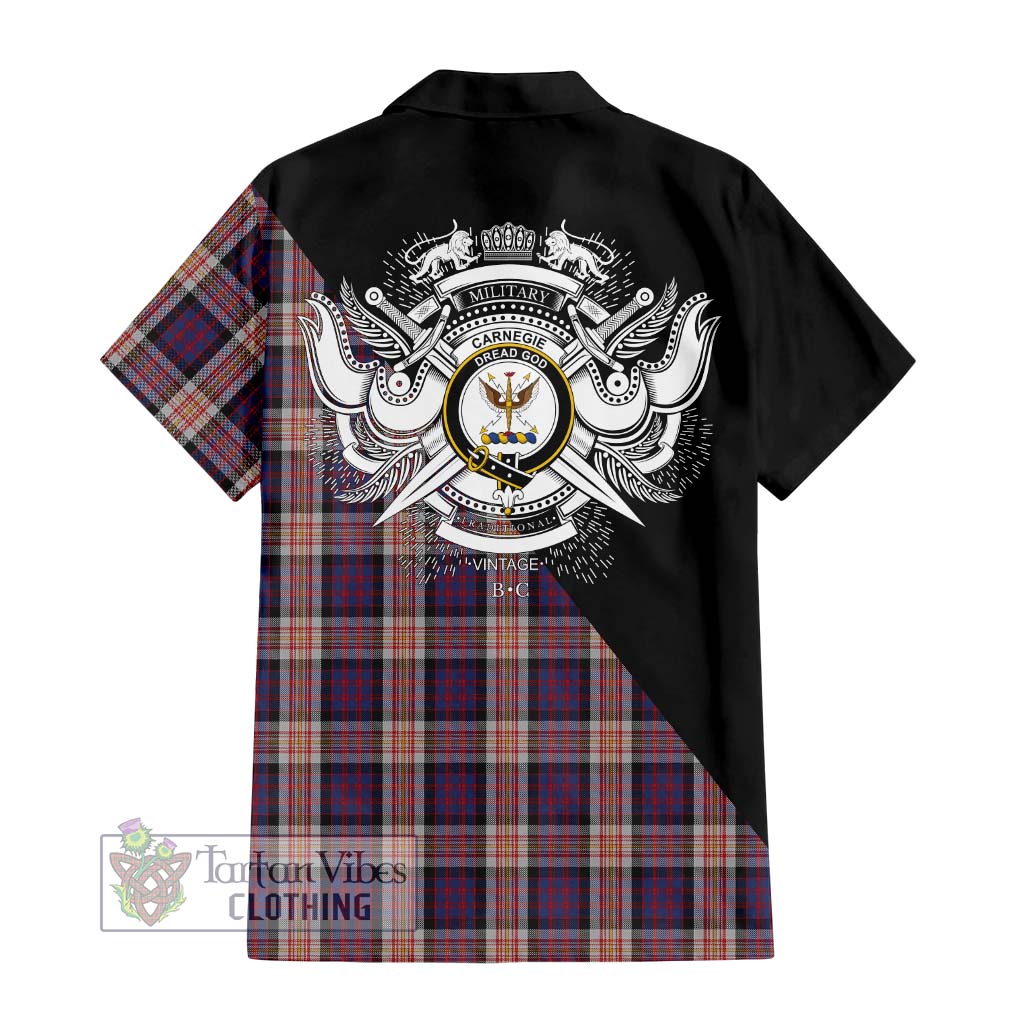 Tartan Vibes Clothing Carnegie Tartan Short Sleeve Button Shirt with Family Crest and Military Logo Style