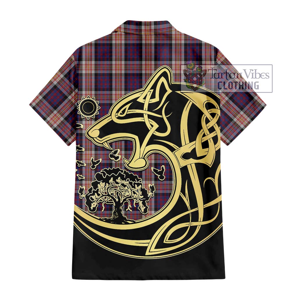 Tartan Vibes Clothing Carnegie Tartan Short Sleeve Button Shirt with Family Crest Celtic Wolf Style