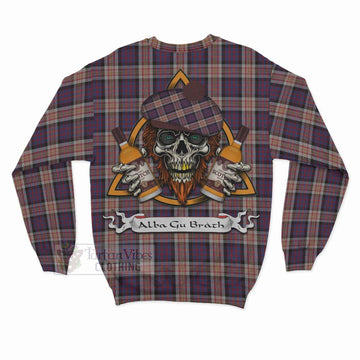 Carnegie Tartan Sweatshirt with Family Crest and Bearded Skull Holding Bottles of Whiskey