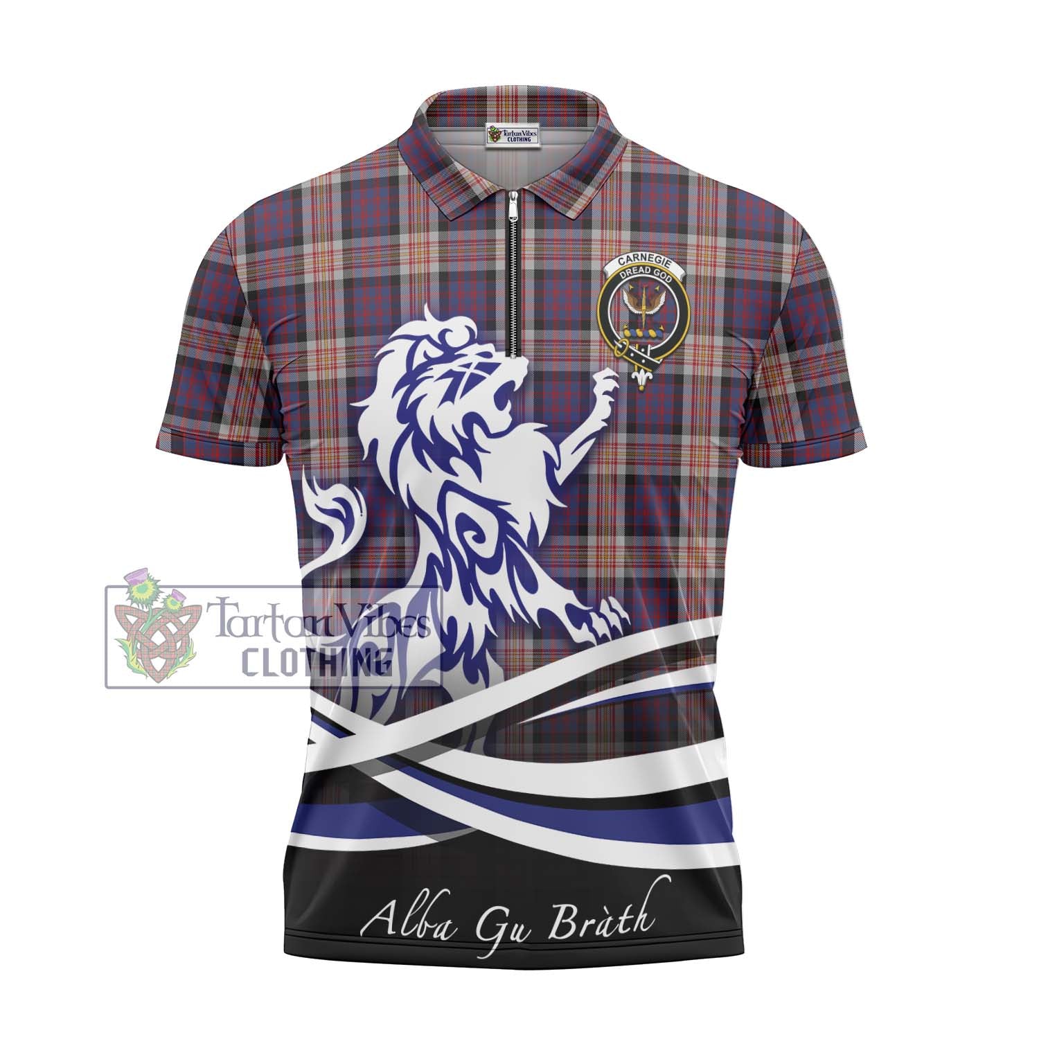 Tartan Vibes Clothing Carnegie Tartan Zipper Polo Shirt with Alba Gu Brath Regal Lion Emblem