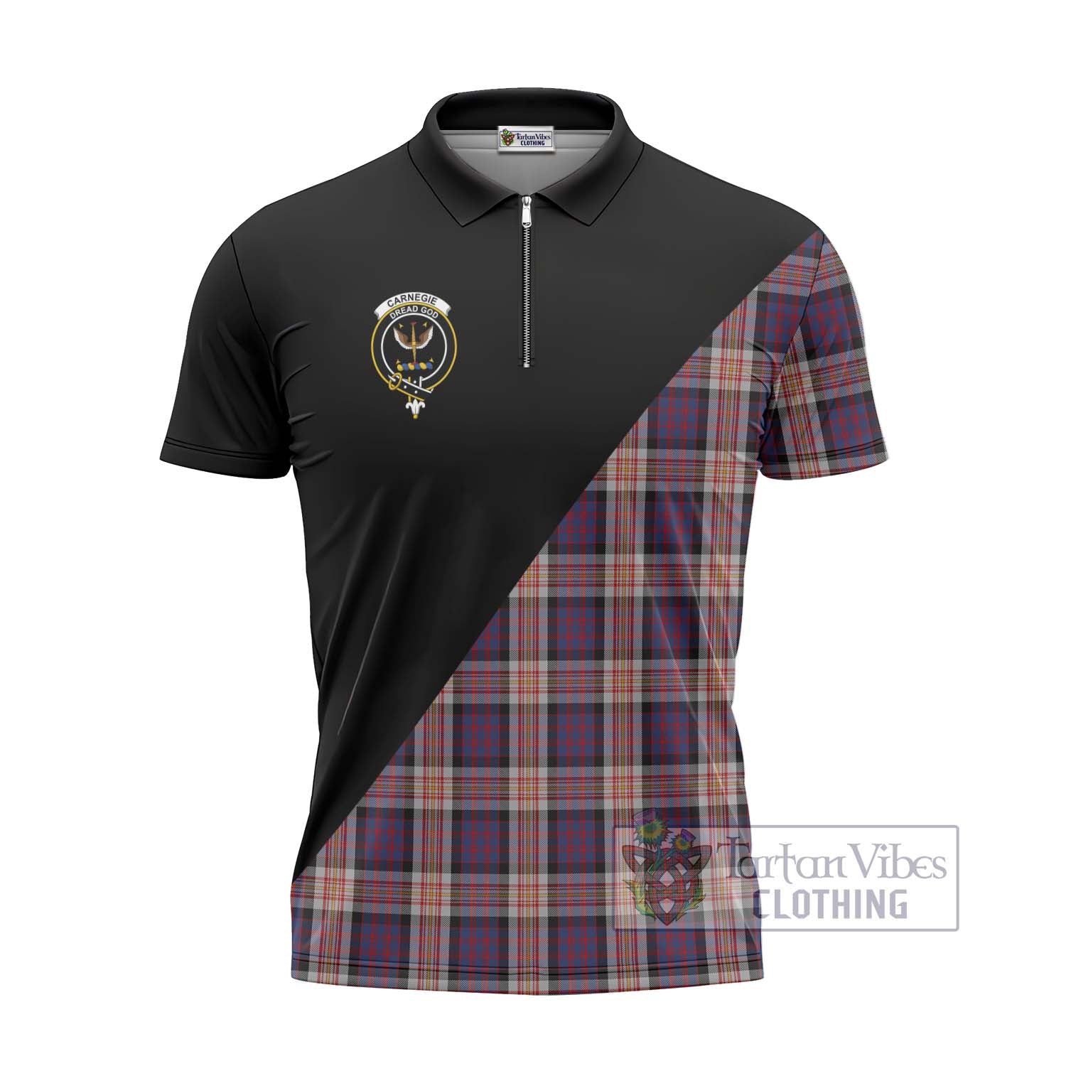 Tartan Vibes Clothing Carnegie Tartan Zipper Polo Shirt with Family Crest and Military Logo Style