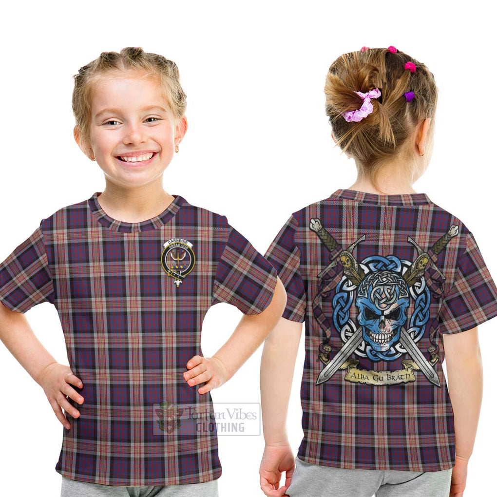 Tartan Vibes Clothing Carnegie Tartan Kid T-Shirt with Family Crest Celtic Skull Style