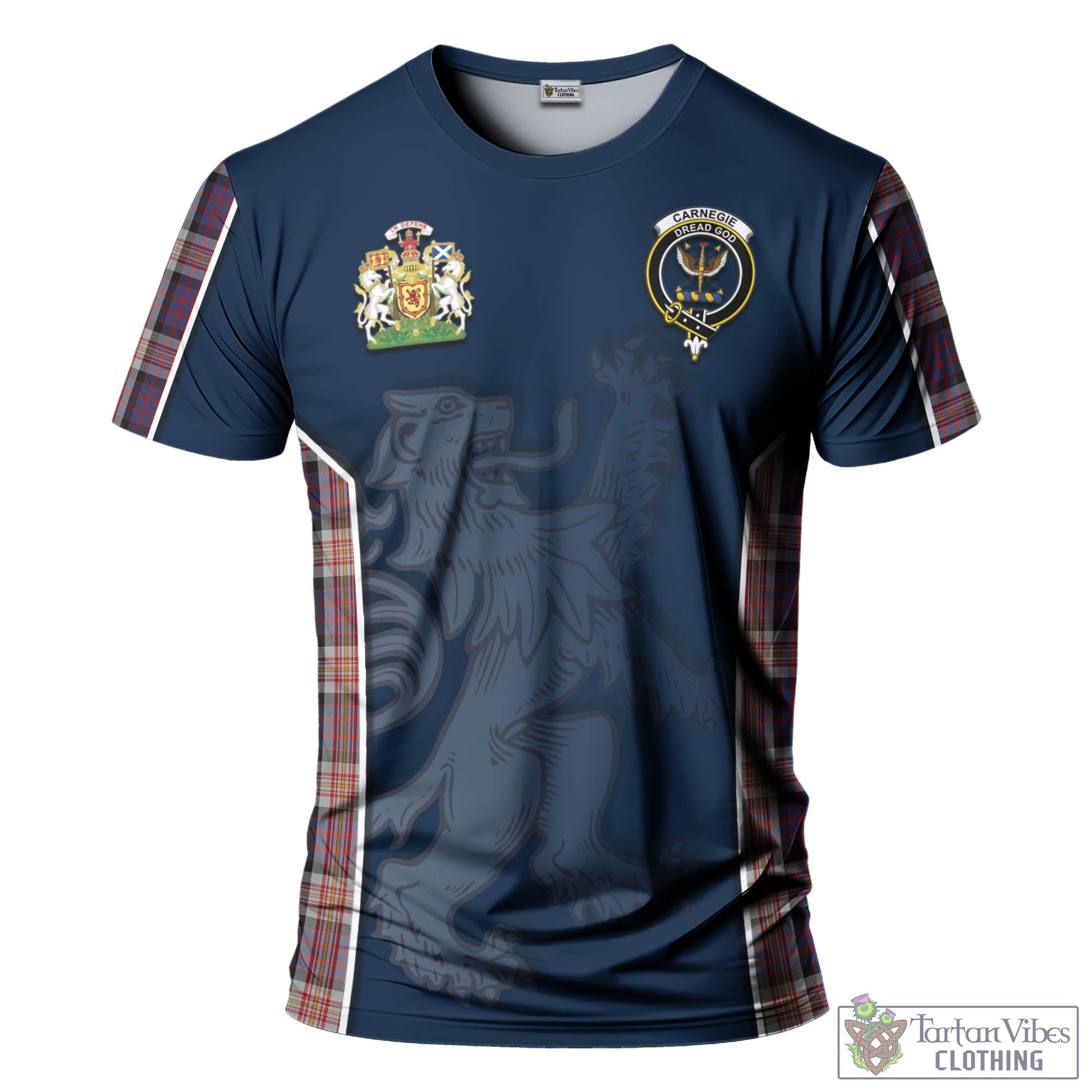 Tartan Vibes Clothing Carnegie Tartan T-Shirt with Family Crest and Lion Rampant Vibes Sport Style