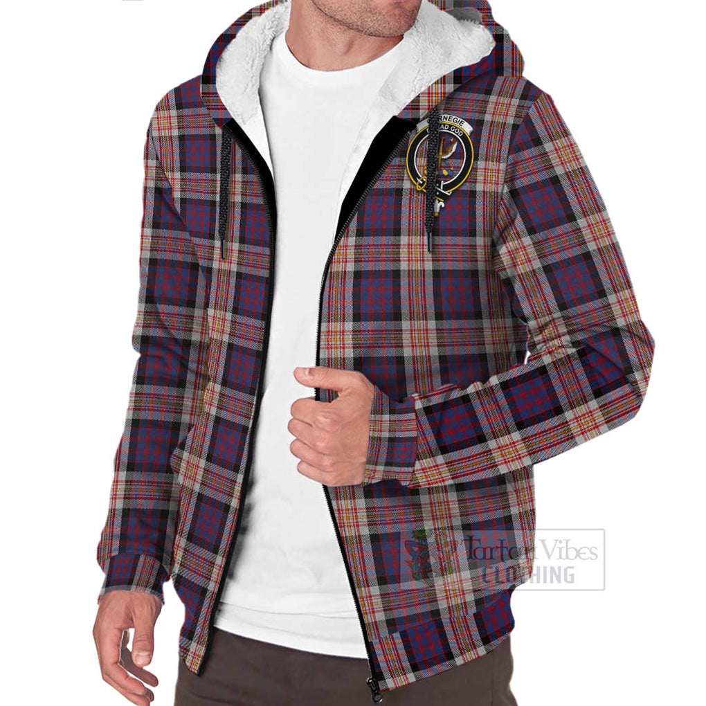 Tartan Vibes Clothing Carnegie Tartan Sherpa Hoodie with Family Crest and Bearded Skull Holding Bottles of Whiskey