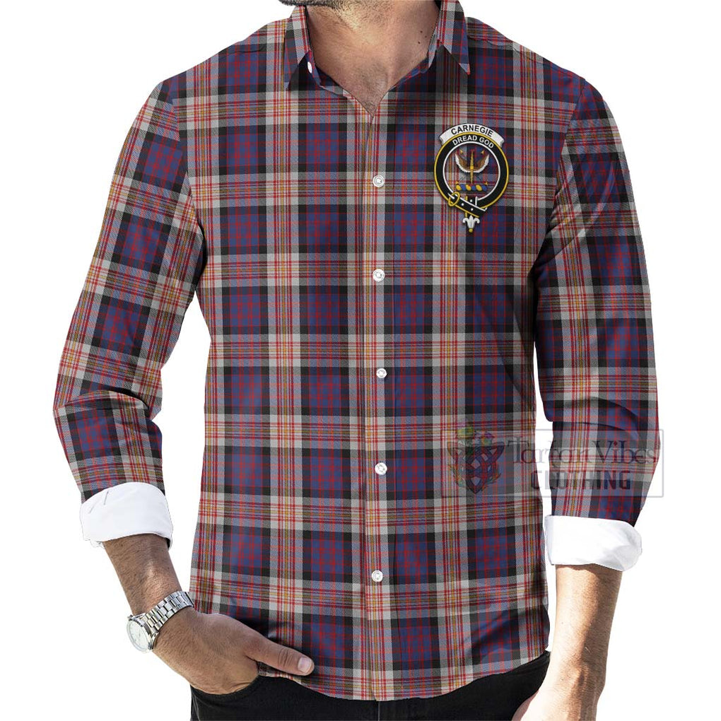 Tartan Vibes Clothing Carnegie Tartan Long Sleeve Button Shirt with Family Crest and Bearded Skull Holding Bottles of Whiskey