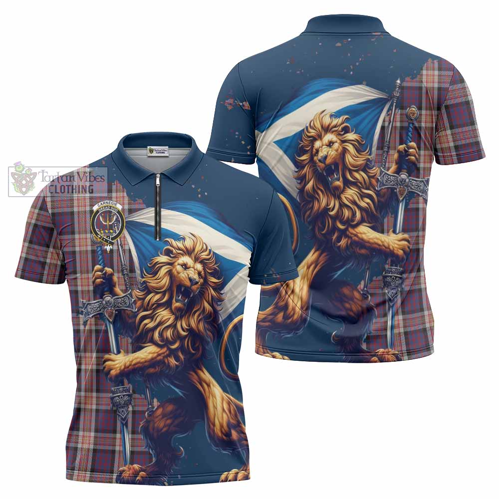 Tartan Vibes Clothing Carnegie Tartan Family Crest Zipper Polo Shirt with Scottish Majestic Lion