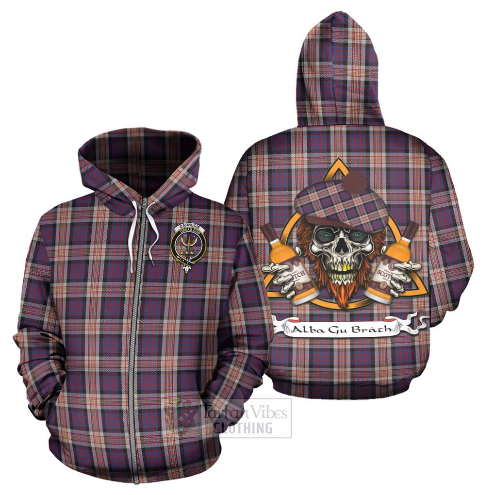 Tartan Vibes Clothing Carnegie Tartan Hoodie with Family Crest and Bearded Skull Holding Bottles of Whiskey