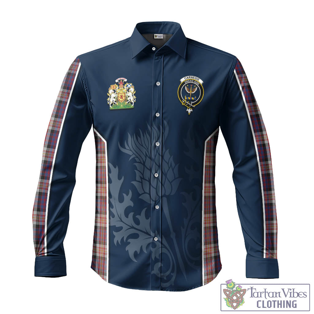 Tartan Vibes Clothing Carnegie Tartan Long Sleeve Button Up Shirt with Family Crest and Scottish Thistle Vibes Sport Style