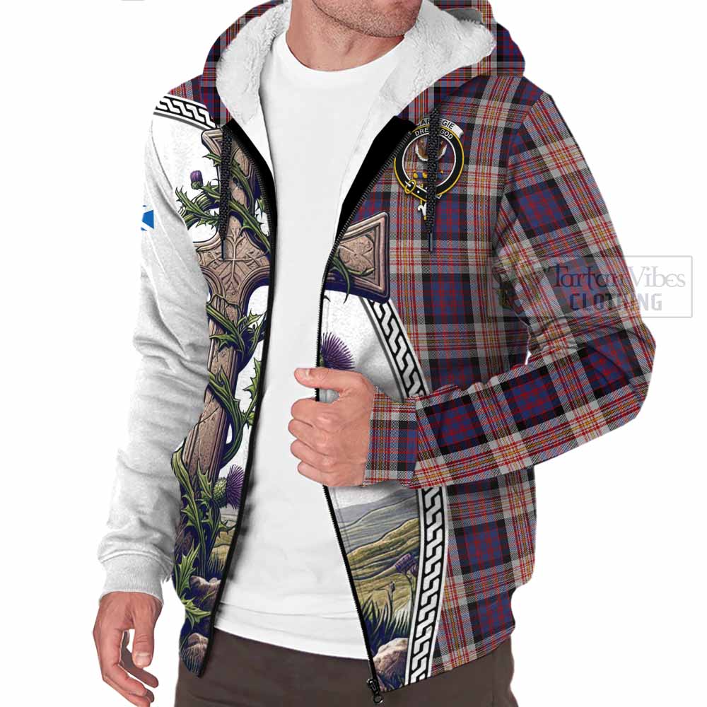 Tartan Vibes Clothing Carnegie Tartan Sherpa Hoodie with Family Crest and St. Andrew's Cross Accented by Thistle Vines