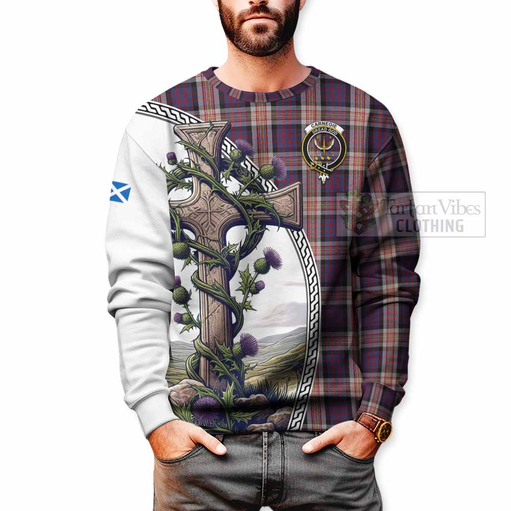 Tartan Vibes Clothing Carnegie Tartan Sweatshirt with Family Crest and St. Andrew's Cross Accented by Thistle Vines