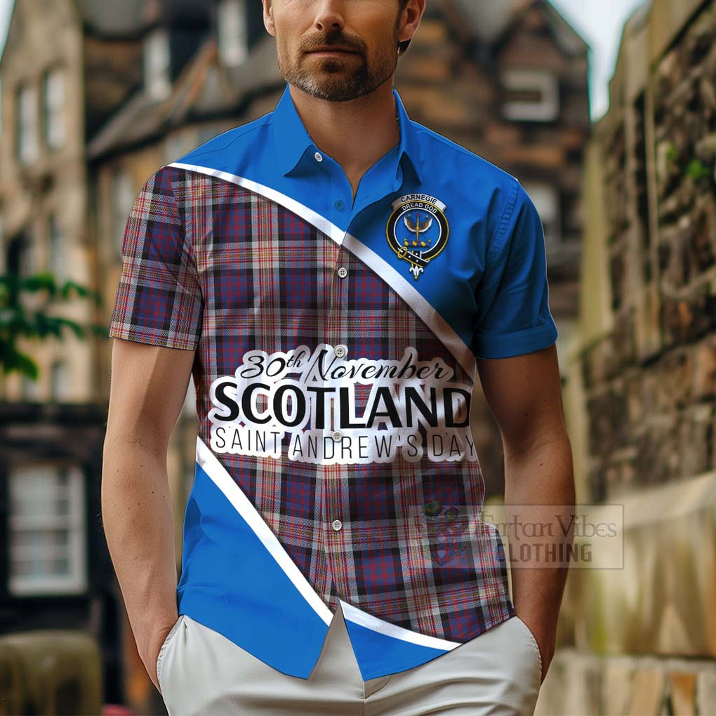 Tartan Vibes Clothing Carnegie Family Crest Tartan Short Sleeve Button Shirt Celebrate Saint Andrew's Day in Style