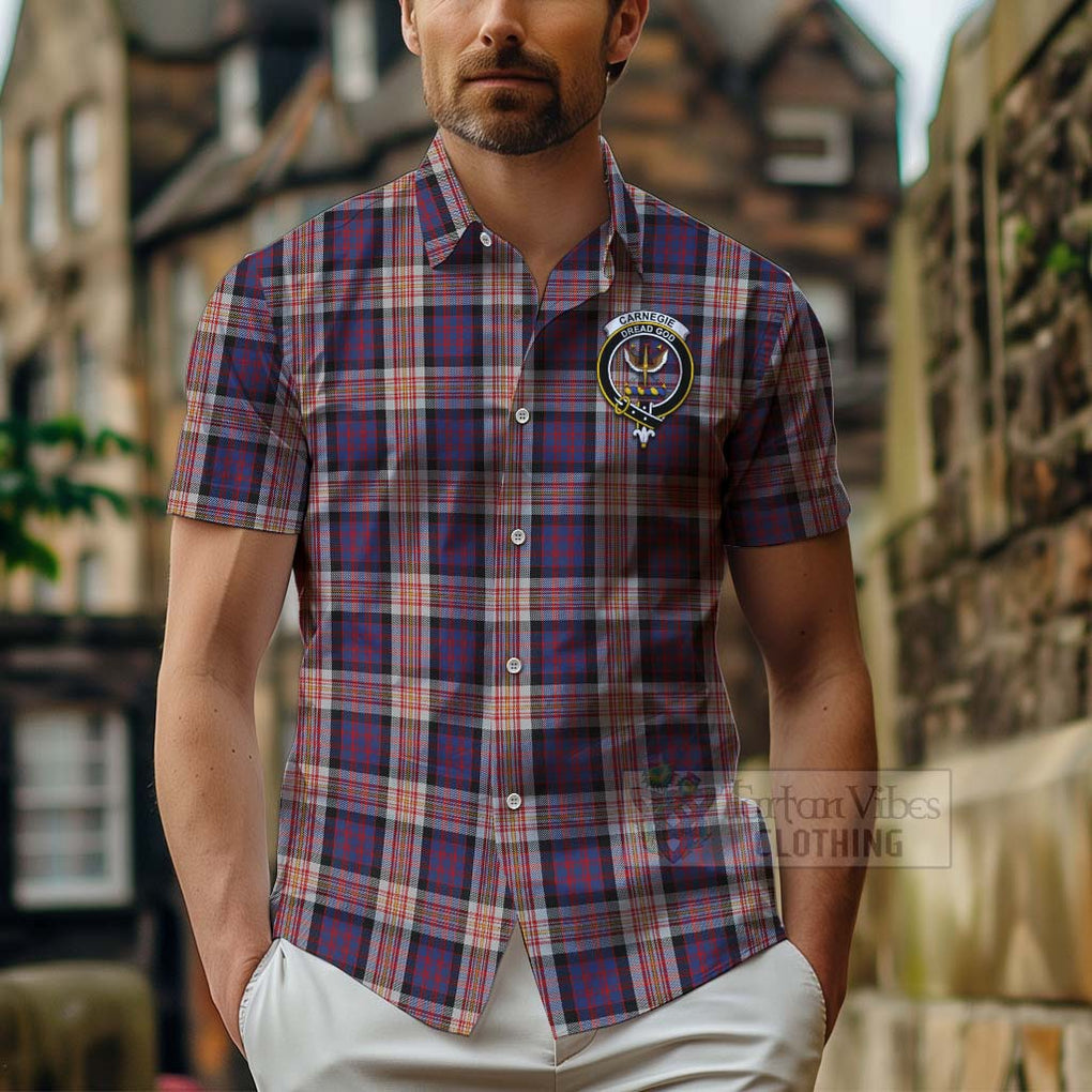 Tartan Vibes Clothing Carnegie Tartan Short Sleeve Button Shirt with Family Crest and Bearded Skull Holding Bottles of Whiskey