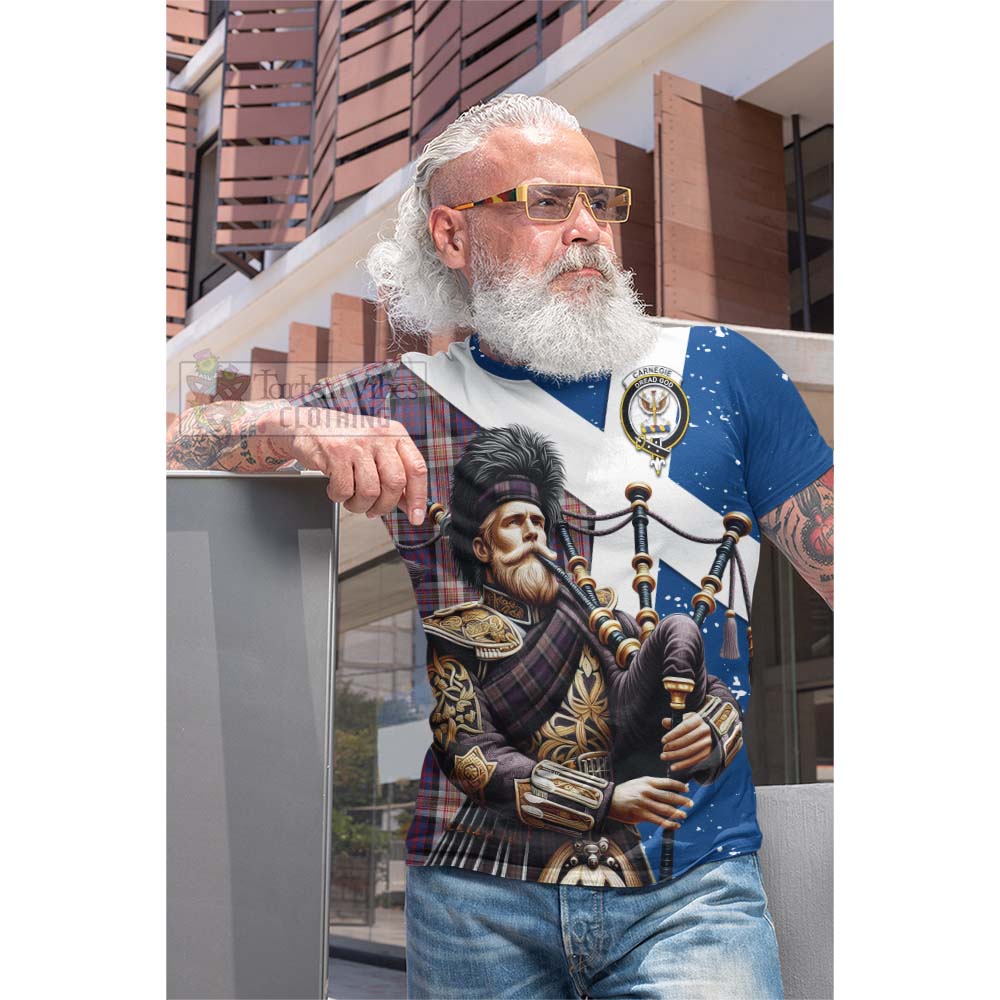 Tartan Vibes Clothing Carnegie Tartan Cotton T-shirt with Family Crest Scottish Bagpiper Vibes