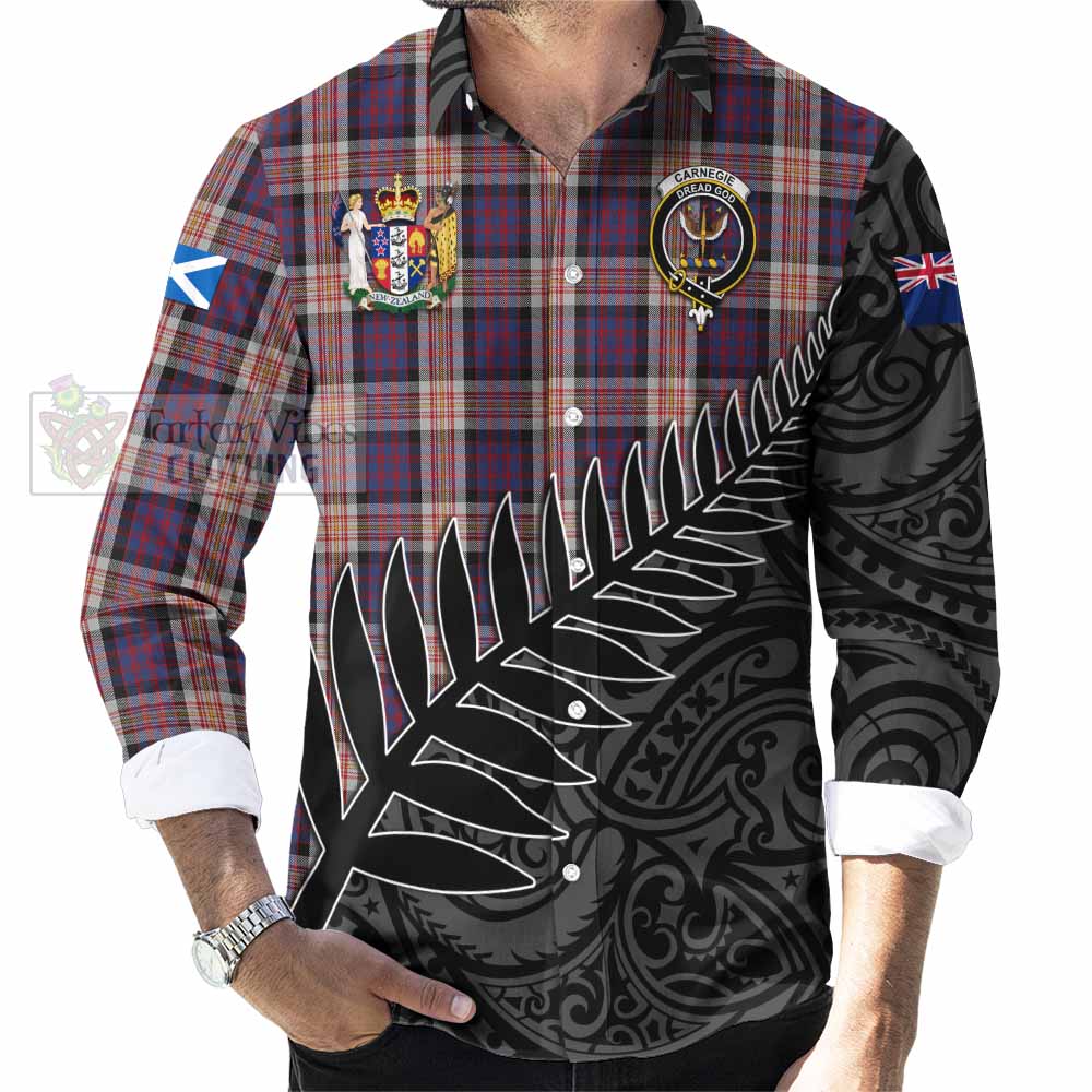 Tartan Vibes Clothing Carnegie Crest Tartan Long Sleeve Button Shirt with New Zealand Silver Fern Half Style