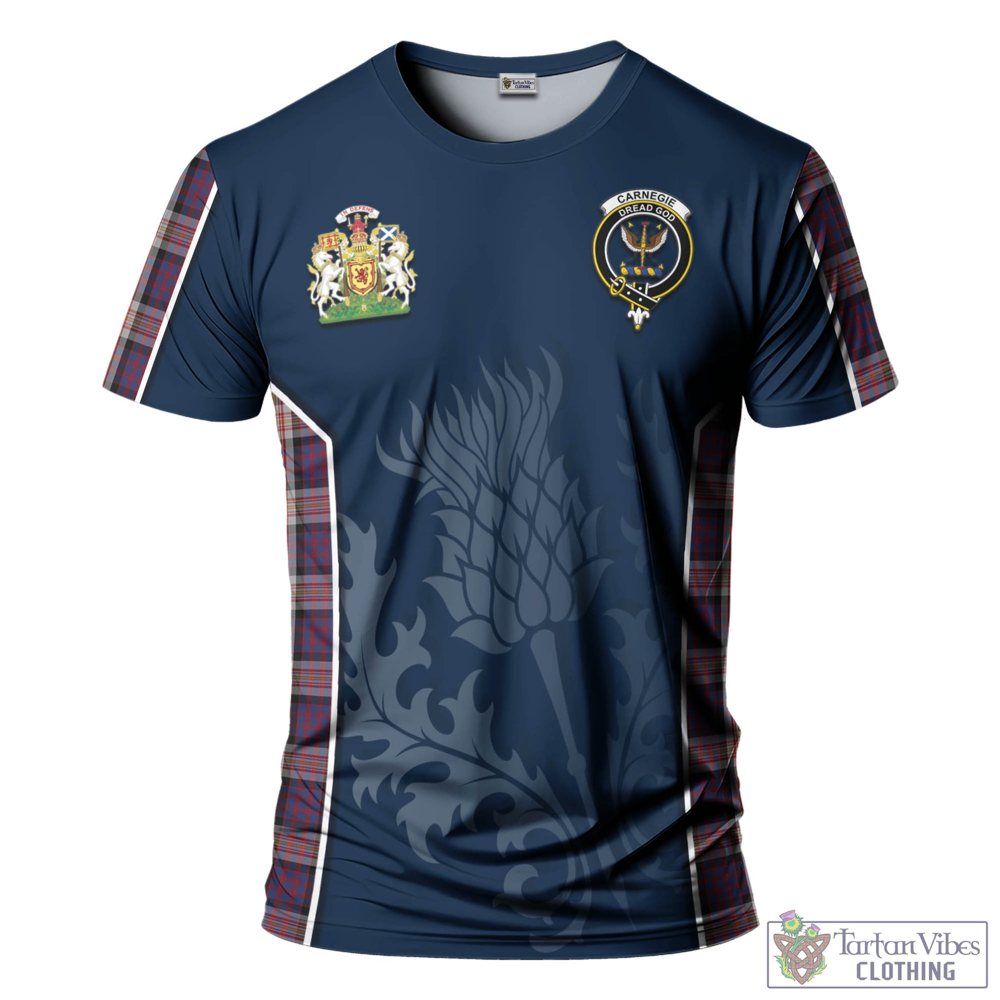 Tartan Vibes Clothing Carnegie Tartan T-Shirt with Family Crest and Scottish Thistle Vibes Sport Style