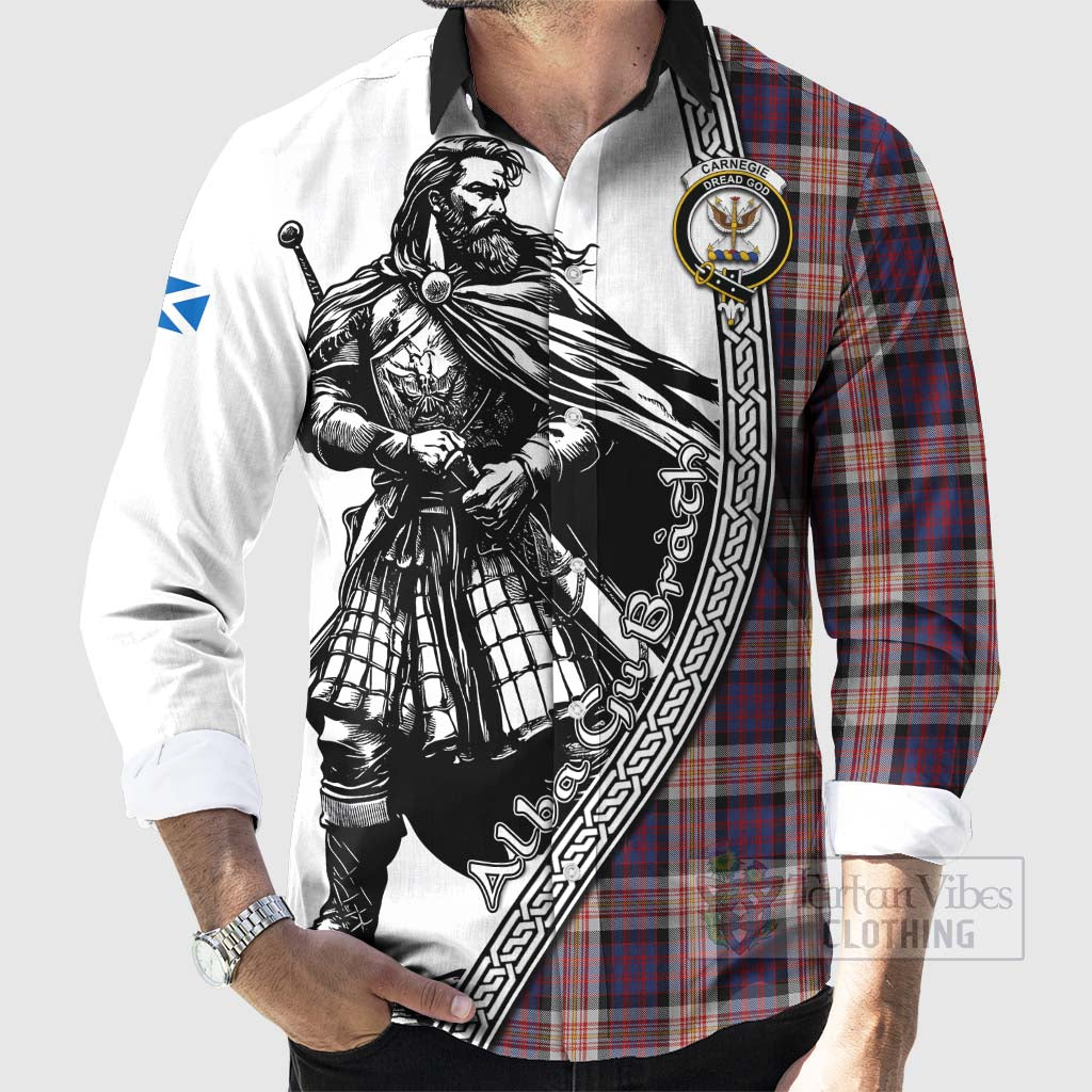 Tartan Vibes Clothing Carnegie Tartan Clan Crest Long Sleeve Button Shirt with Highlander Warrior Celtic Style