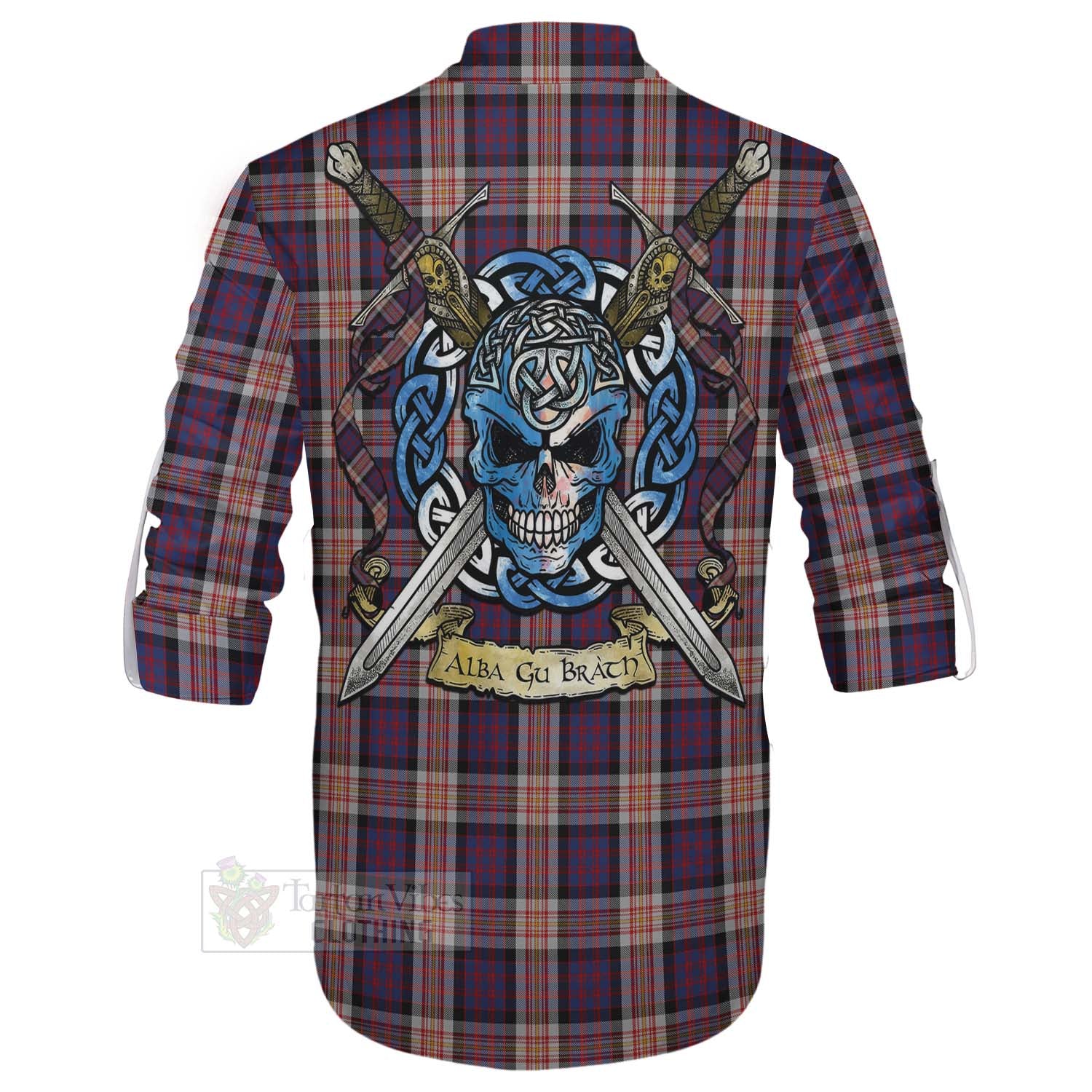 Tartan Vibes Clothing Carnegie Tartan Ghillie Kilt Shirt with Family Crest Celtic Skull Style