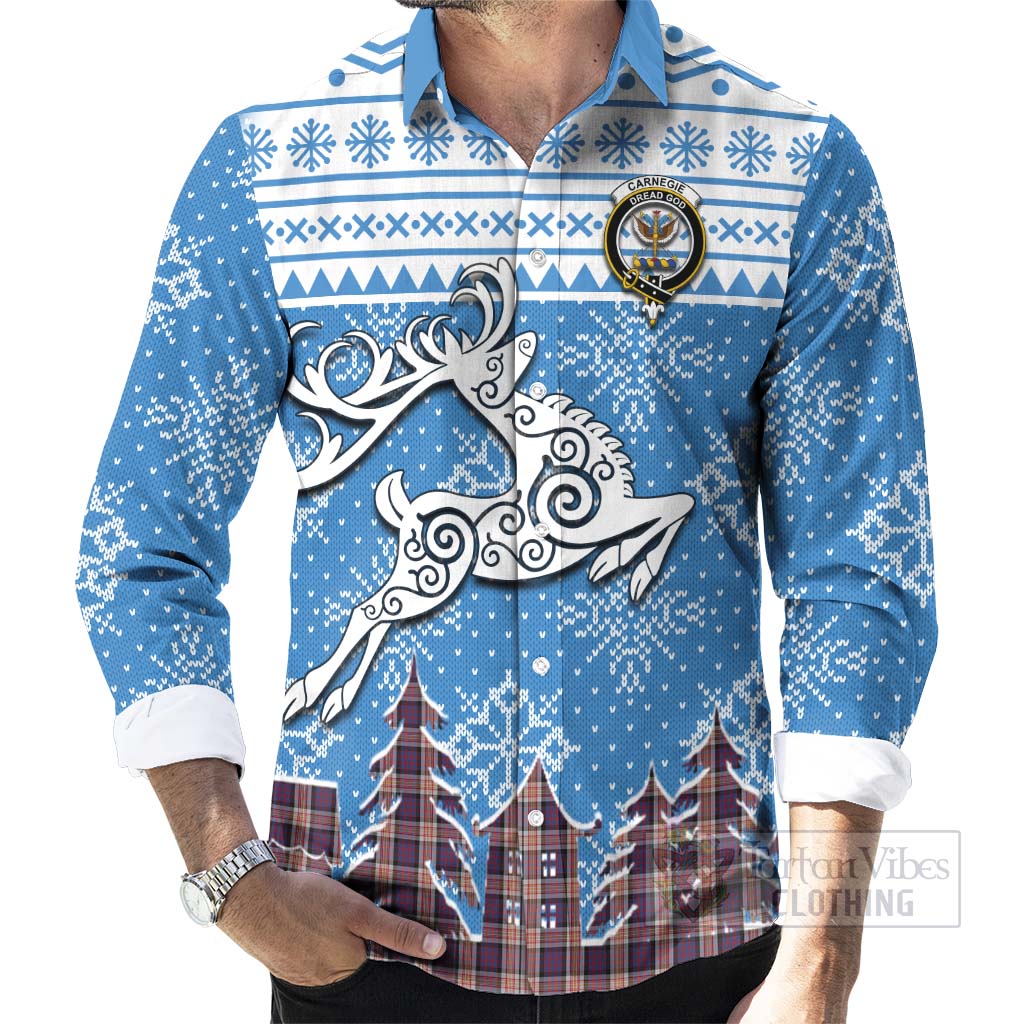 Tartan Vibes Clothing Carnegie Clan Christmas Long Sleeve Button Shirt Celtic Reindeer Style