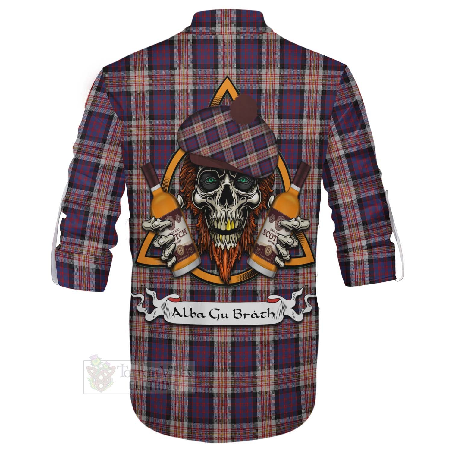 Tartan Vibes Clothing Carnegie Tartan Ghillie Kilt Shirt with Family Crest and Bearded Skull Holding Bottles of Whiskey