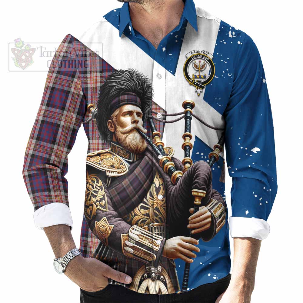 Tartan Vibes Clothing Carnegie Tartan Long Sleeve Button Shirt with Family Crest Scottish Bagpiper Vibes